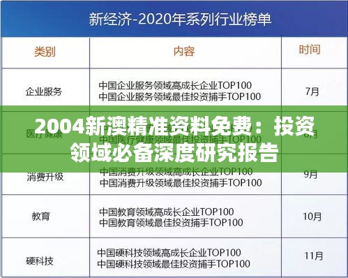 2004新澳精准资料免费：投资领域必备深度研究报告